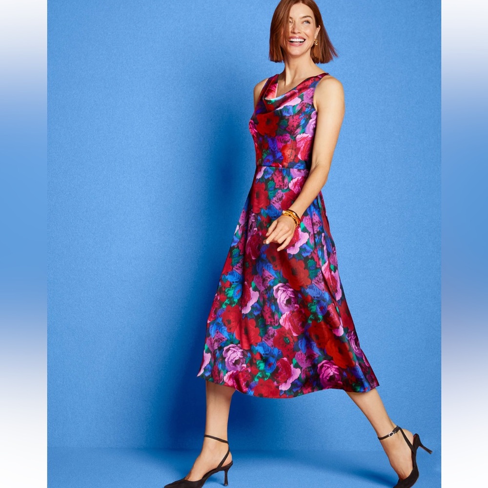 NWT $ 169 Talbots Satin Cowl Neck Floral Sleeveless Fit & Flare Midi Dress Sz 4